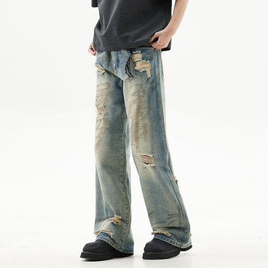 Graffiti Distressed Dirty Ripped Denim Trousers