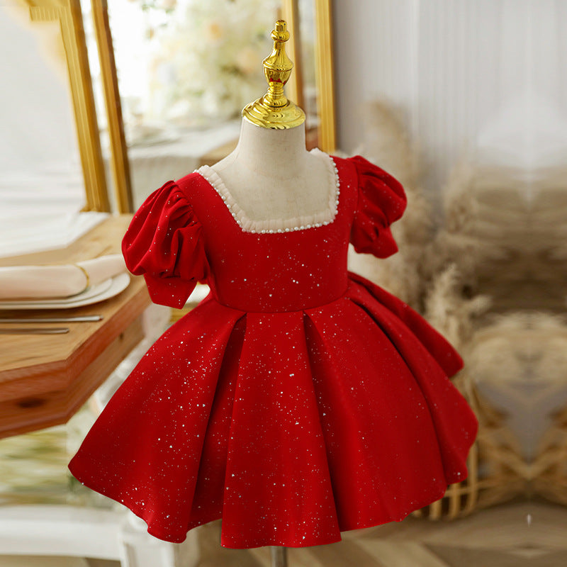 Children Red Puff Sleeve Piano Performance Birthday Party Dress