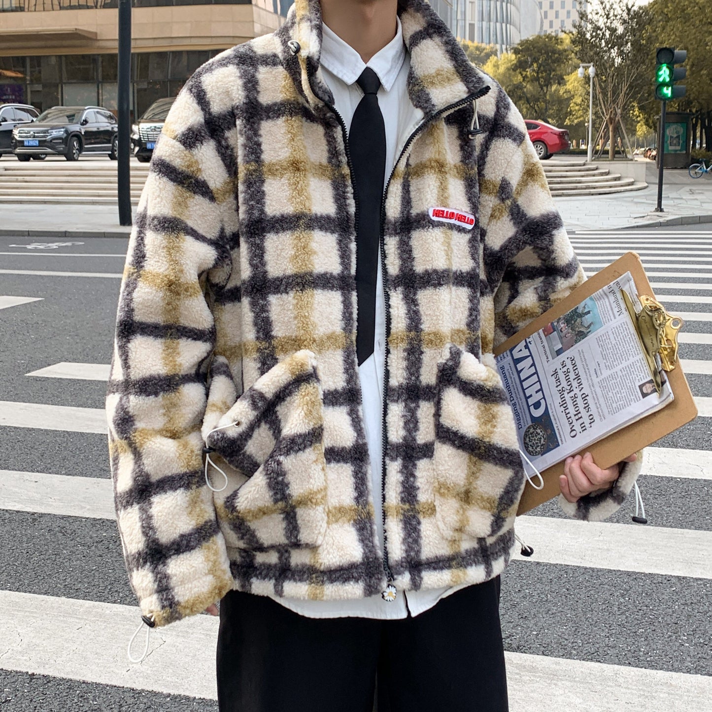 Hong Kong Style Winter New Men Casual Yellow Plaid Jacket