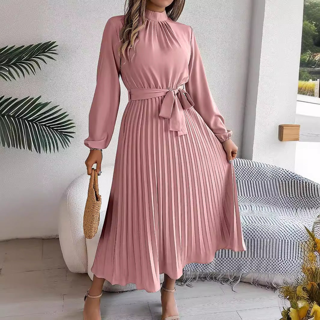 Elegant Stand Collar Long Sleeve Cinched Pleated Dress