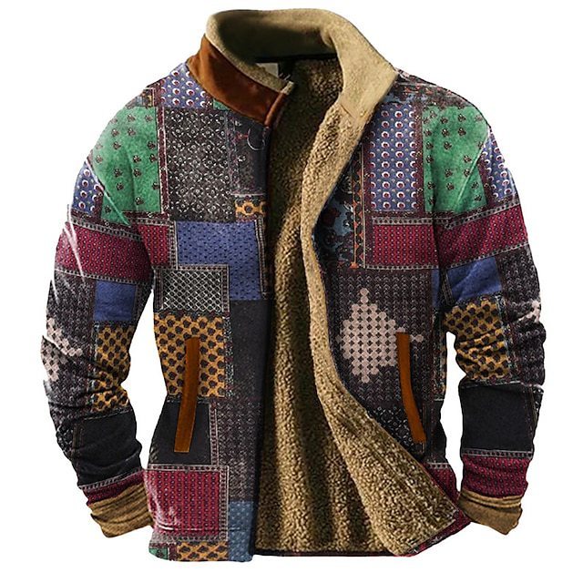 3d Printed Autumn And Winter Patchwork Pattern Casual Jacket Men