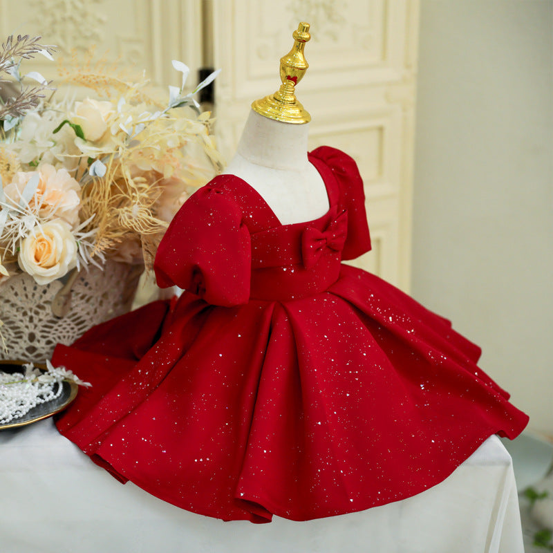 Children Red Puff Sleeve Piano Performance Birthday Party Dress