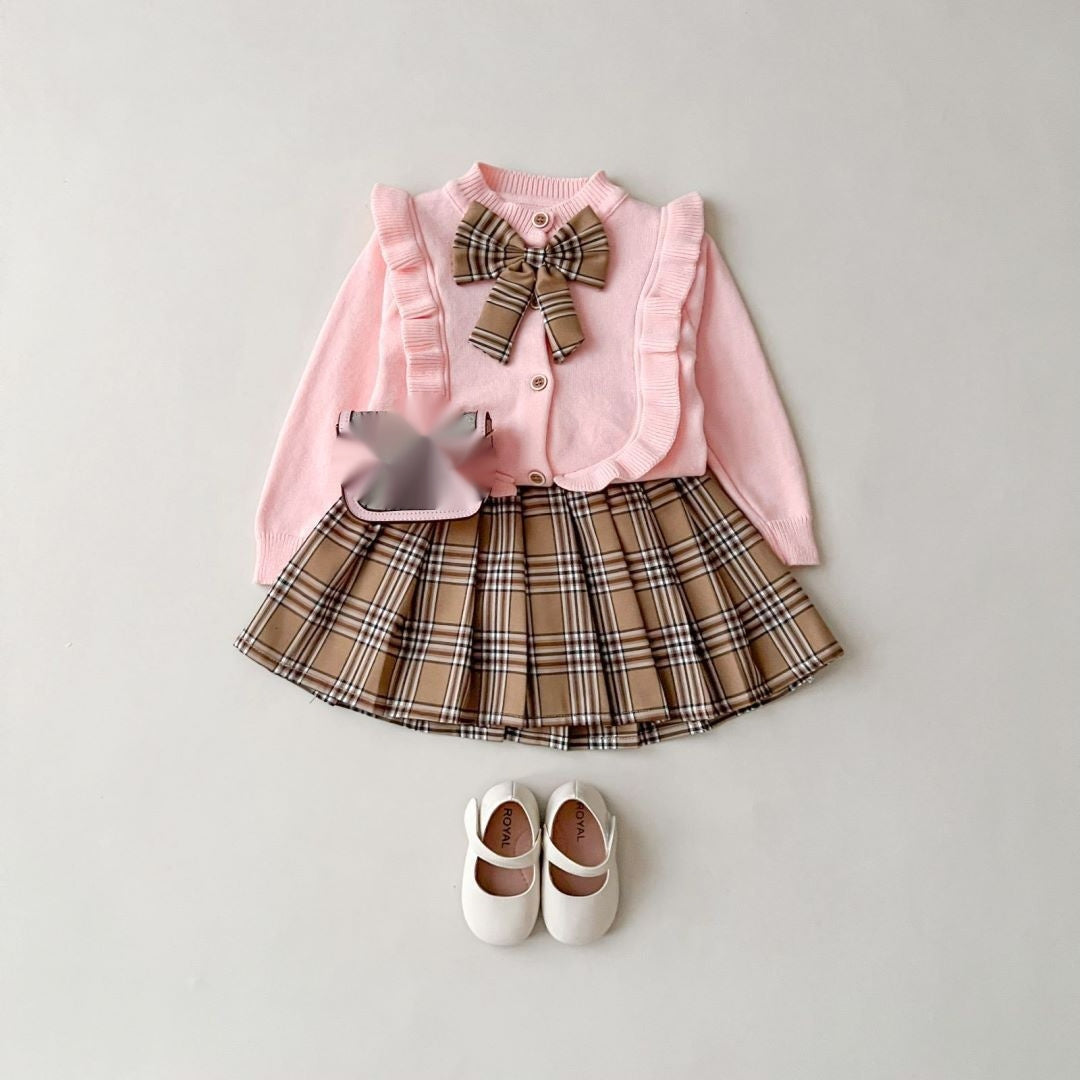 Children's Spring Clothes Knitted Plaid Pleated Skirt Two-piece Set