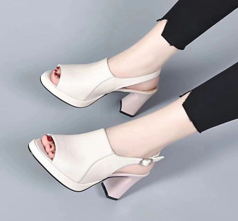 Genuine Leather Women's Soft Bottom Chunky Heel High Heels