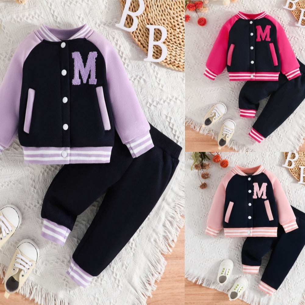 Letter Color Matching Hooded Children's Baseball Uniform Two-piece Set