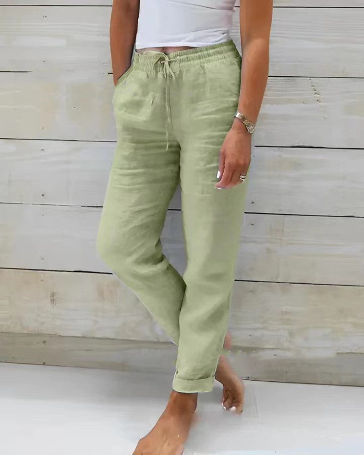 Cotton And Linen Women's High Waist Elastic Waist Solid Color Cotton And Linen Casual Pants