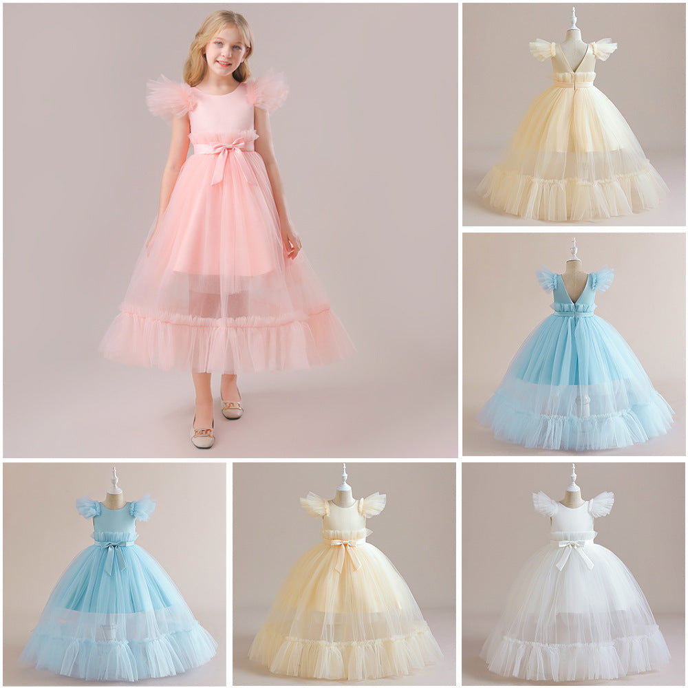 Flounced Sleeve Middle And Big Children's Wedding Dress Bow Pettiskirt