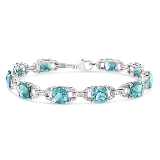 Cushion Cut Blue Topaz and 1/20 cttw Round Cut Diamond Fashion Tennis Bracelet (I-J Color, I1-I2 Clarity) - 7" 925 Sterling Silver 7x7 mm