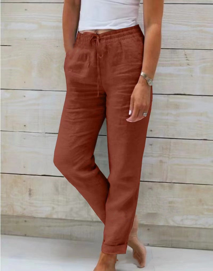 Cotton And Linen Women's High Waist Elastic Waist Solid Color Cotton And Linen Casual Pants