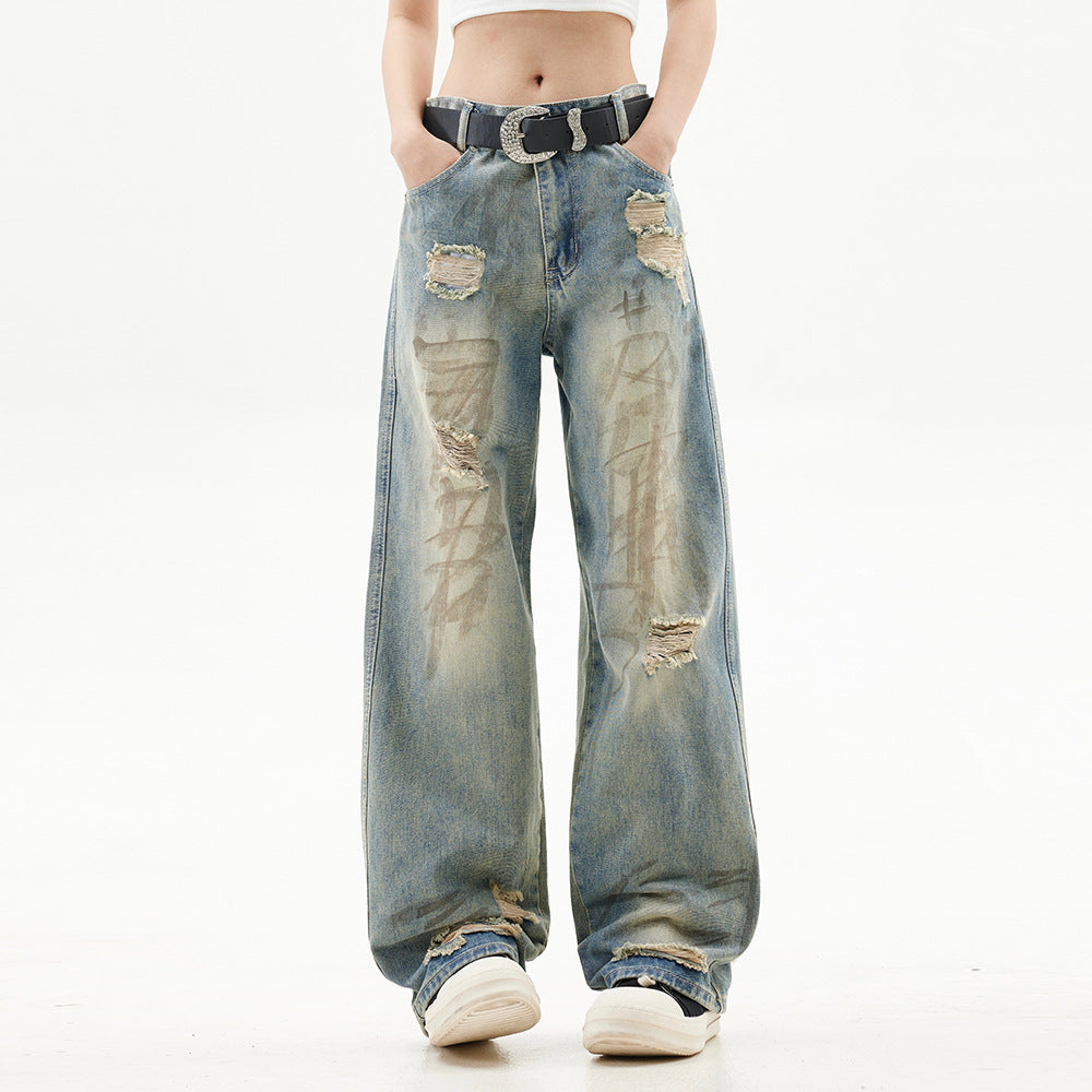 Graffiti Distressed Dirty Ripped Denim Trousers