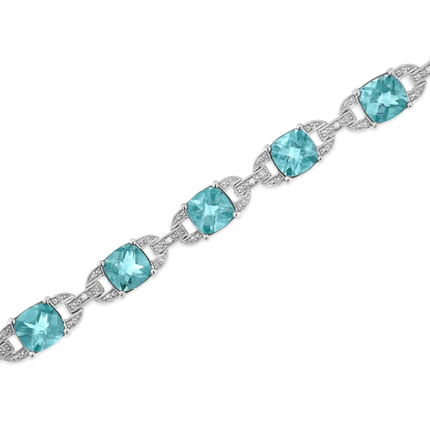 Cushion Cut Blue Topaz and 1/20 cttw Round Cut Diamond Fashion Tennis Bracelet (I-J Color, I1-I2 Clarity) - 7" 925 Sterling Silver 7x7 mm