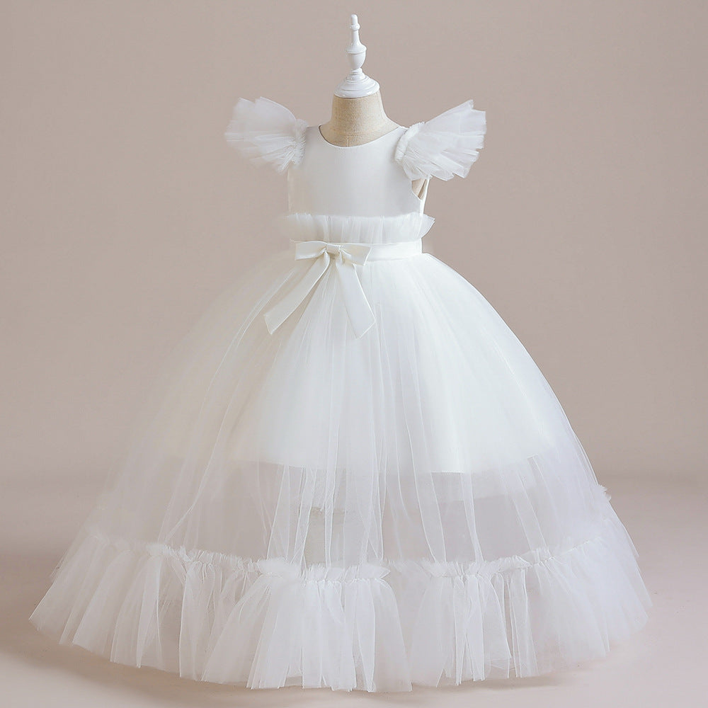 Flounced Sleeve Middle And Big Children's Wedding Dress Bow Pettiskirt