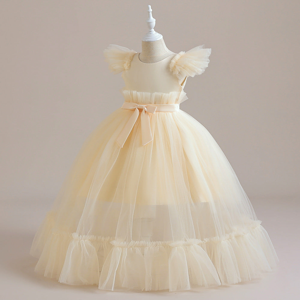 Flounced Sleeve Middle And Big Children's Wedding Dress Bow Pettiskirt