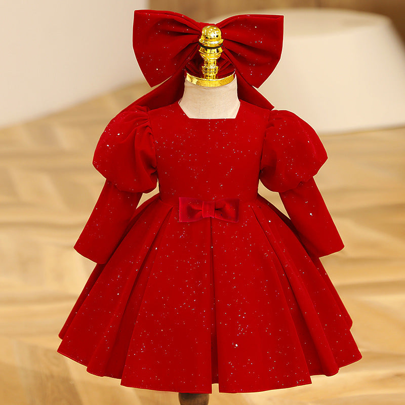 Children Red Puff Sleeve Piano Performance Birthday Party Dress