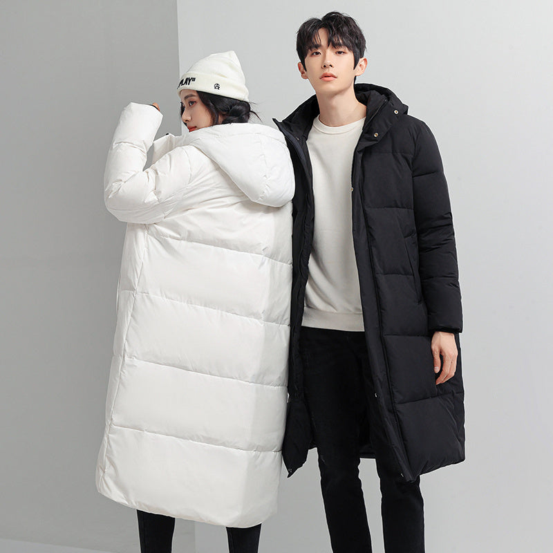 Men's And Women's Long Knee Length Hooded Thickened Down Jacket For Lovers