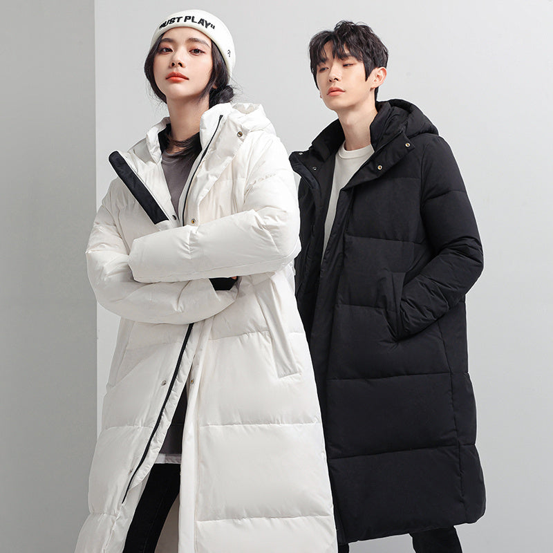 Men's And Women's Long Knee Length Hooded Thickened Down Jacket For Lovers