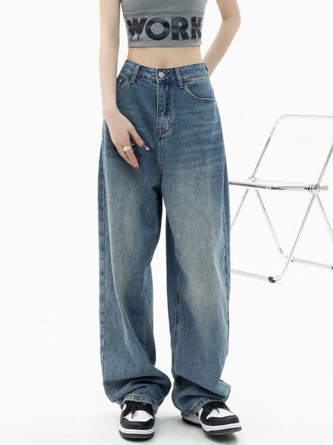 Women's Fashionable Loose High Waist Straight Wide Leg Jeans