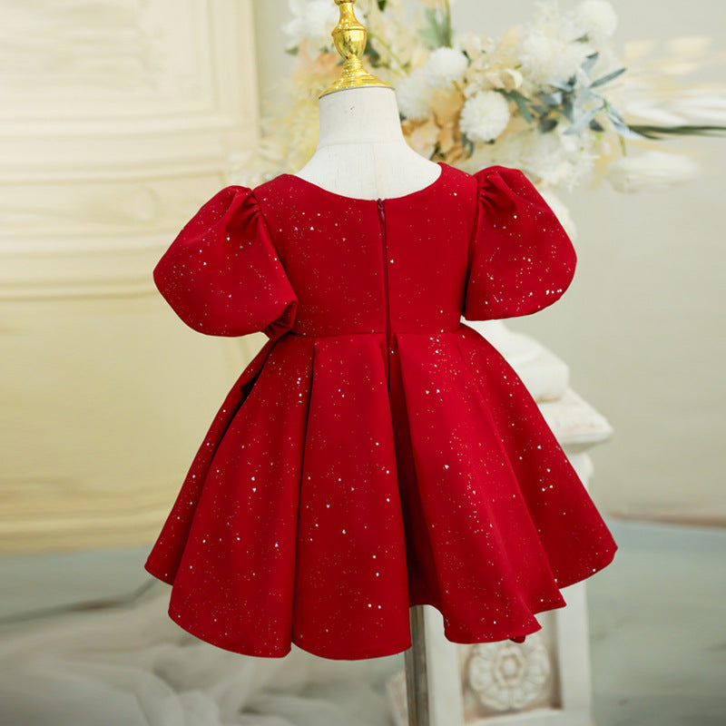 Children Red Puff Sleeve Piano Performance Birthday Party Dress