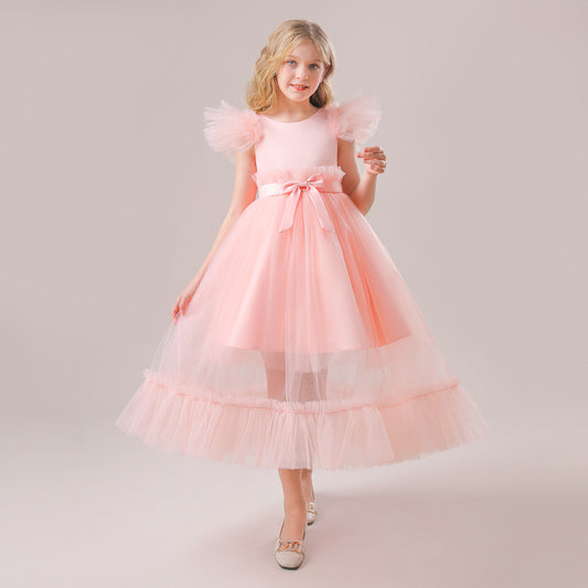 Flounced Sleeve Middle And Big Children's Wedding Dress Bow Pettiskirt