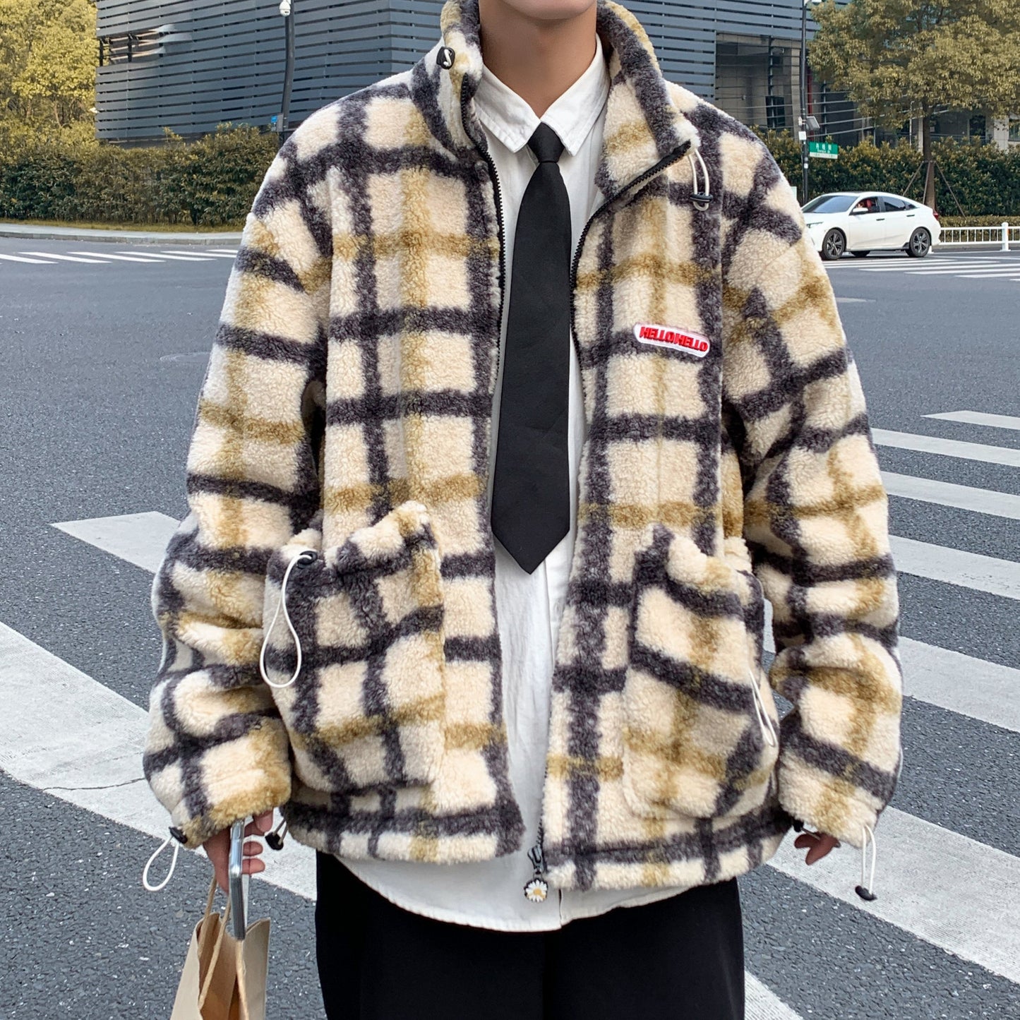 Hong Kong Style Winter New Men Casual Yellow Plaid Jacket