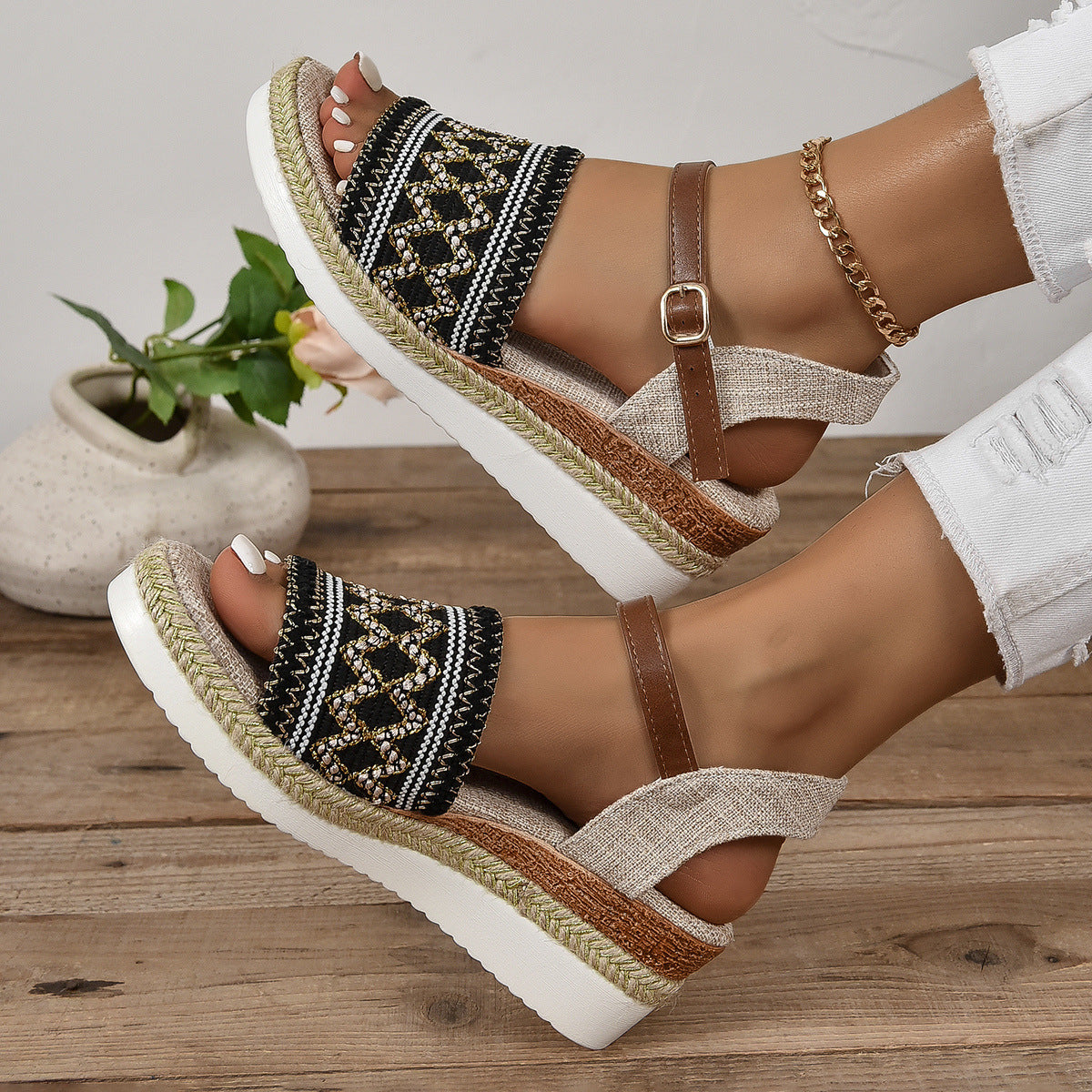 Large Size Flat Bottom Wedge Sandals Ankle-strap Buckle