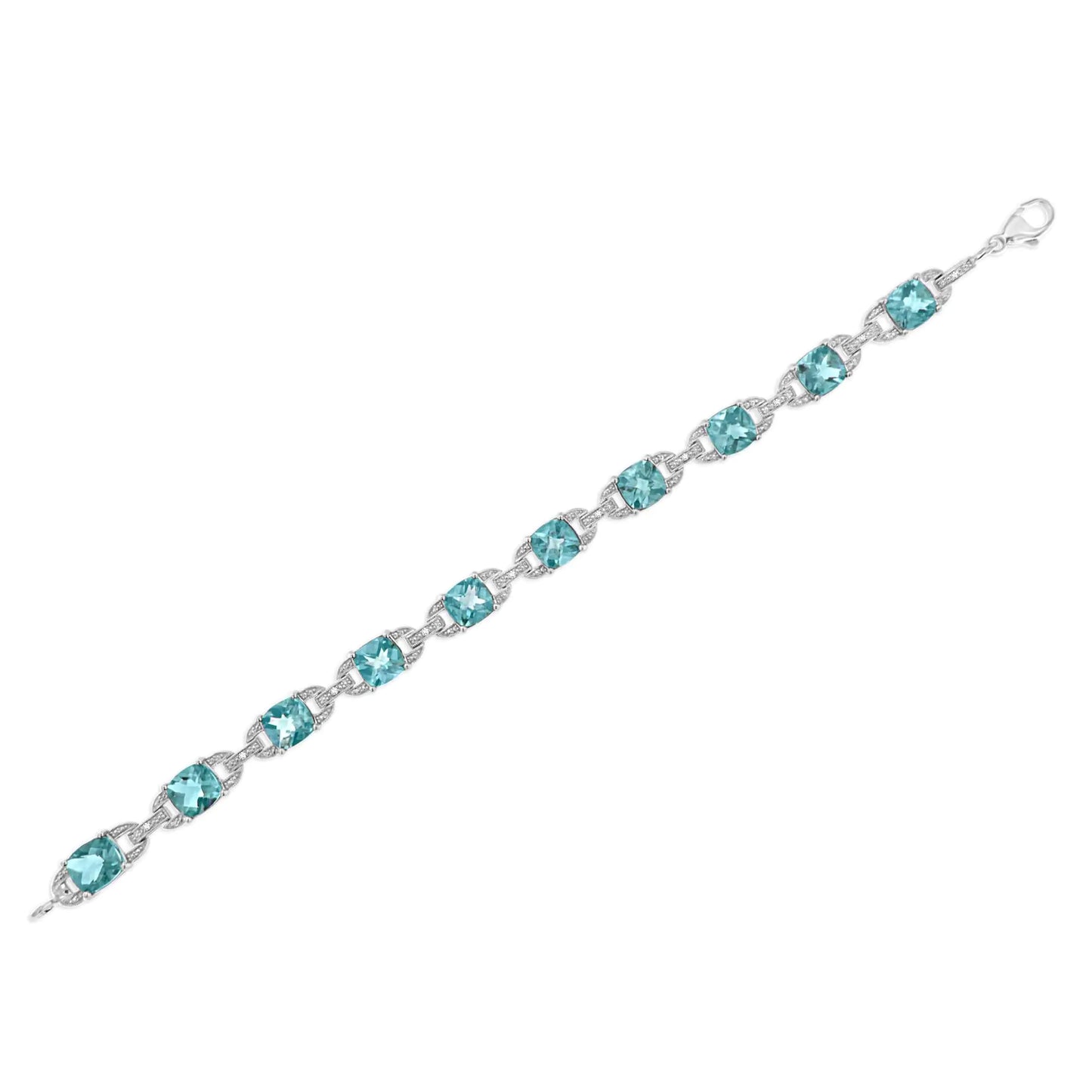 Cushion Cut Blue Topaz and 1/20 cttw Round Cut Diamond Fashion Tennis Bracelet (I-J Color, I1-I2 Clarity) - 7" 925 Sterling Silver 7x7 mm