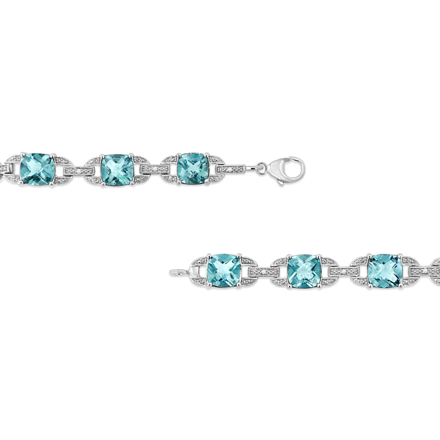 Cushion Cut Blue Topaz and 1/20 cttw Round Cut Diamond Fashion Tennis Bracelet (I-J Color, I1-I2 Clarity) - 7" 925 Sterling Silver 7x7 mm