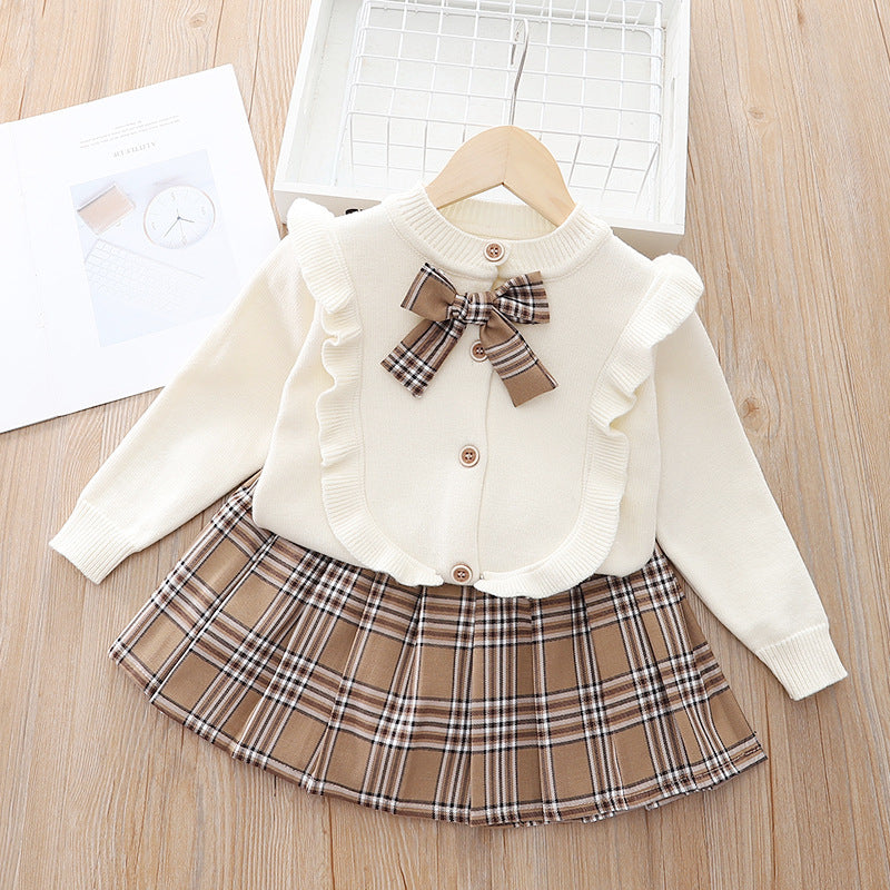 Children's Spring Clothes Knitted Plaid Pleated Skirt Two-piece Set