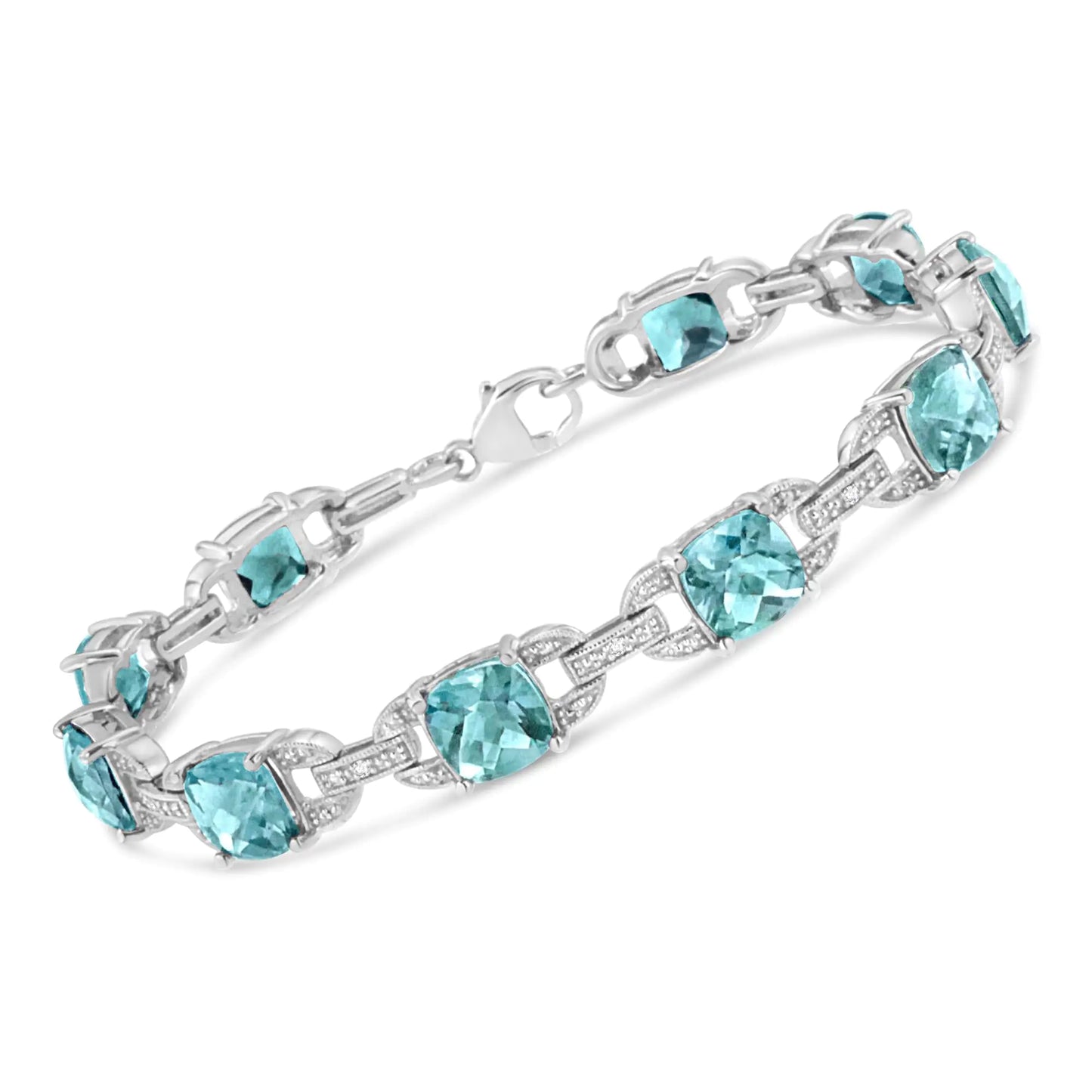 Cushion Cut Blue Topaz and 1/20 cttw Round Cut Diamond Fashion Tennis Bracelet (I-J Color, I1-I2 Clarity) - 7" 925 Sterling Silver 7x7 mm