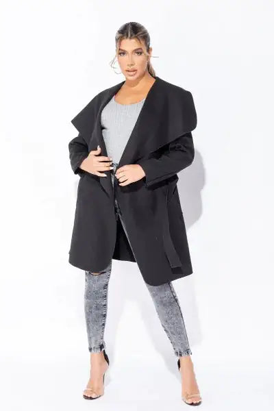 MID LENGTH OVERSIZED BELTED WATERFALL COAT