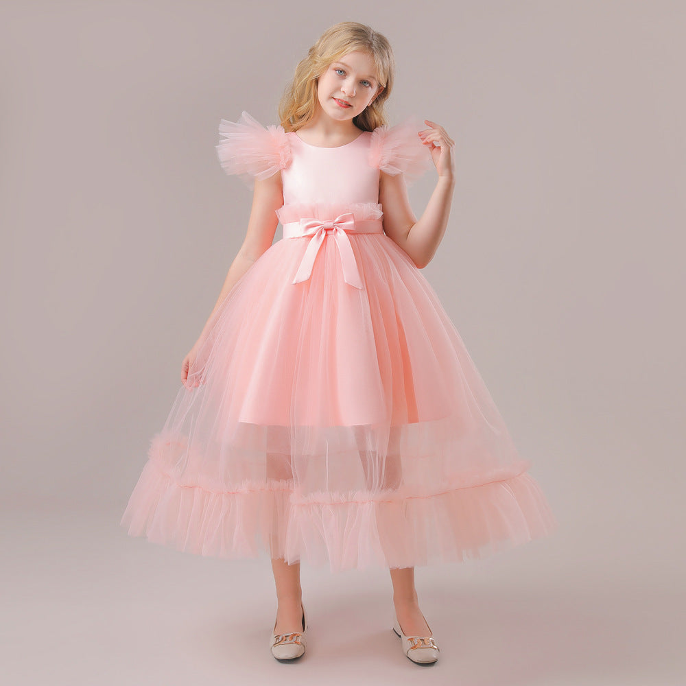 Flounced Sleeve Middle And Big Children's Wedding Dress Bow Pettiskirt