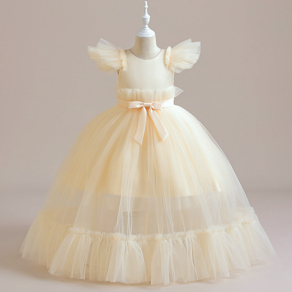 Flounced Sleeve Middle And Big Children's Wedding Dress Bow Pettiskirt