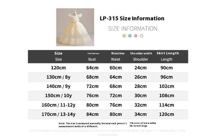 Flounced Sleeve Middle And Big Children's Wedding Dress Bow Pettiskirt