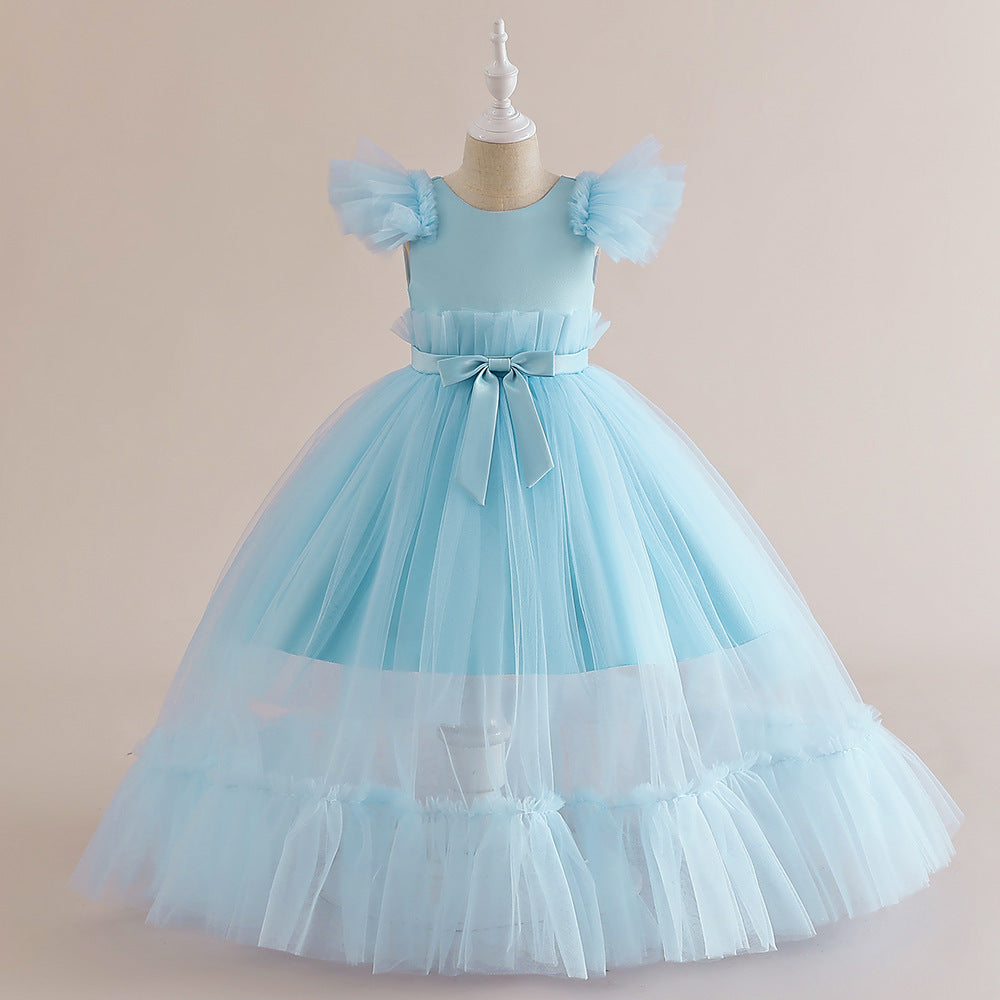 Flounced Sleeve Middle And Big Children's Wedding Dress Bow Pettiskirt