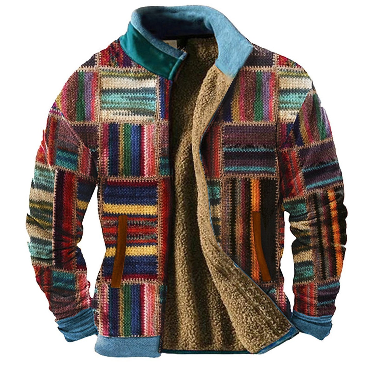 3d Printed Autumn And Winter Patchwork Pattern Casual Jacket Men