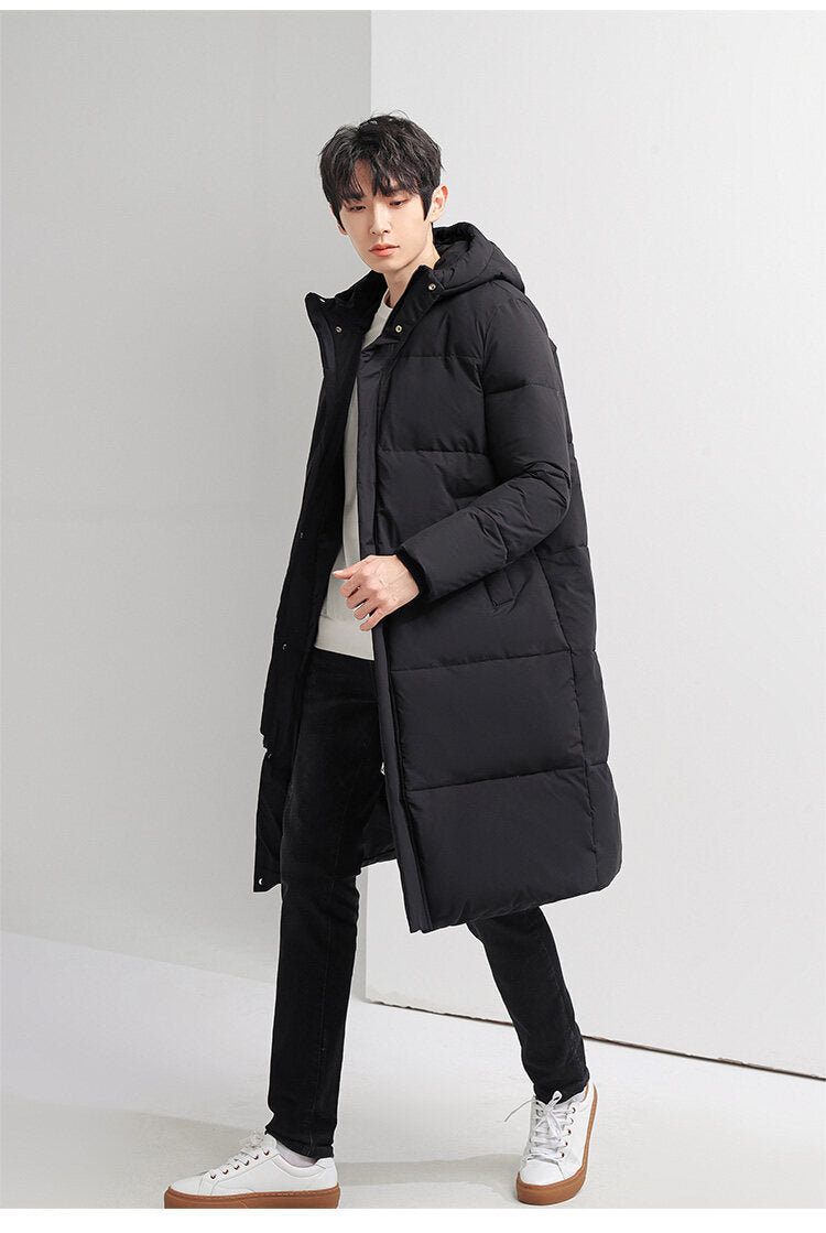 Men's And Women's Long Knee Length Hooded Thickened Down Jacket For Lovers