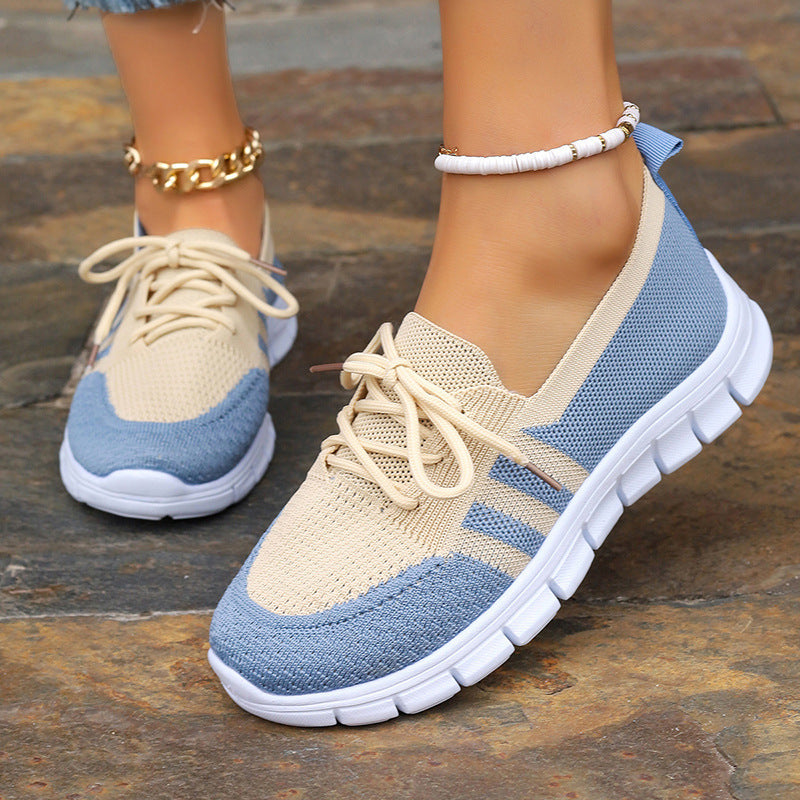 Women's Fly Woven Mesh Casual Sports Lace Color Block Flat Shoes