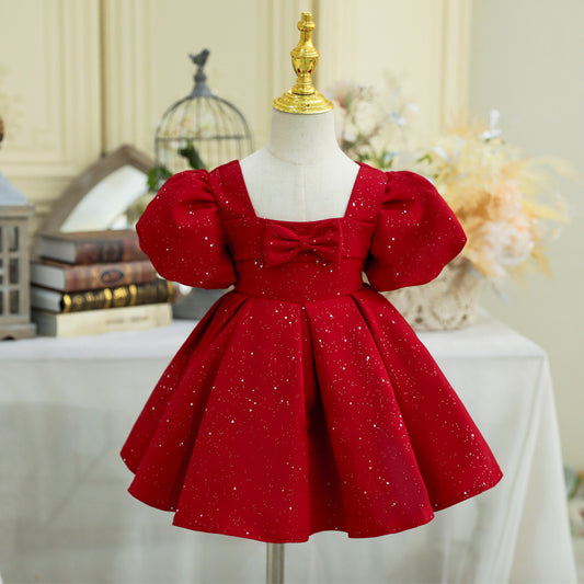 Children Red Puff Sleeve Piano Performance Birthday Party Dress