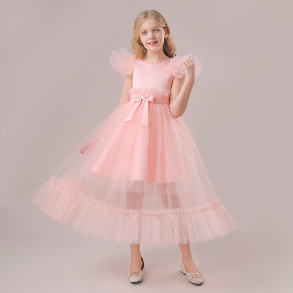 Flounced Sleeve Middle And Big Children's Wedding Dress Bow Pettiskirt