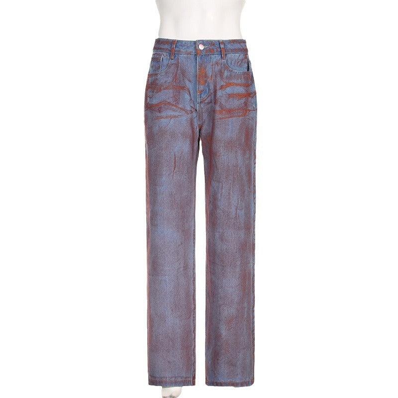 Distressed And Dirty Design Straight Loose Spray-painted Printed Jeans