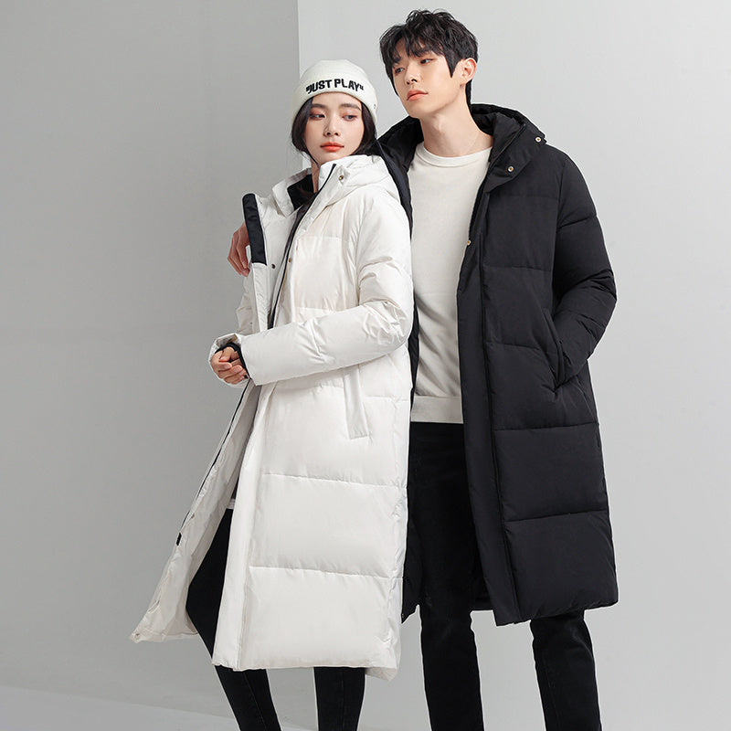 Men's And Women's Long Knee Length Hooded Thickened Down Jacket For Lovers