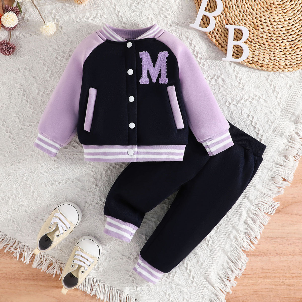 Letter Color Matching Hooded Children's Baseball Uniform Two-piece Set