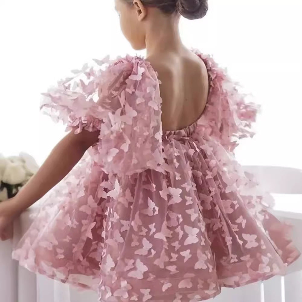 Children's Bubble Sleeve Dress Three-dimensional Butterfly Mesh Umbrella Princess Dress