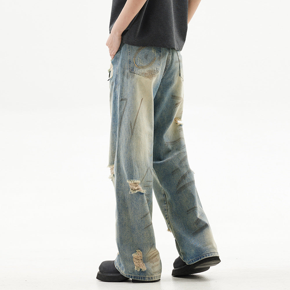 Graffiti Distressed Dirty Ripped Denim Trousers