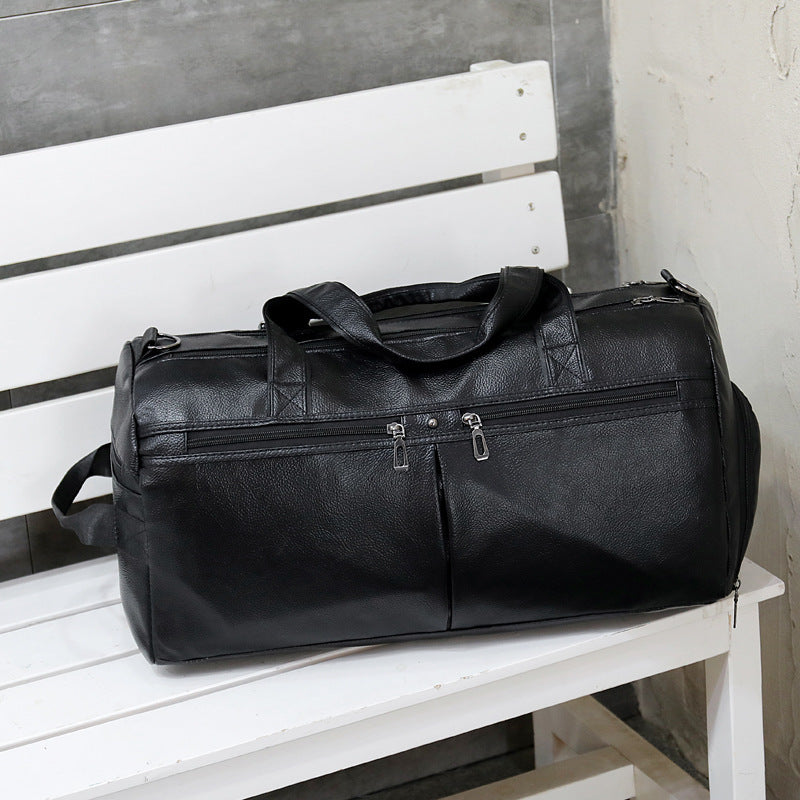 Large Capacity PU Leather Travel Bag Men Black Can Be Hung And Pulled