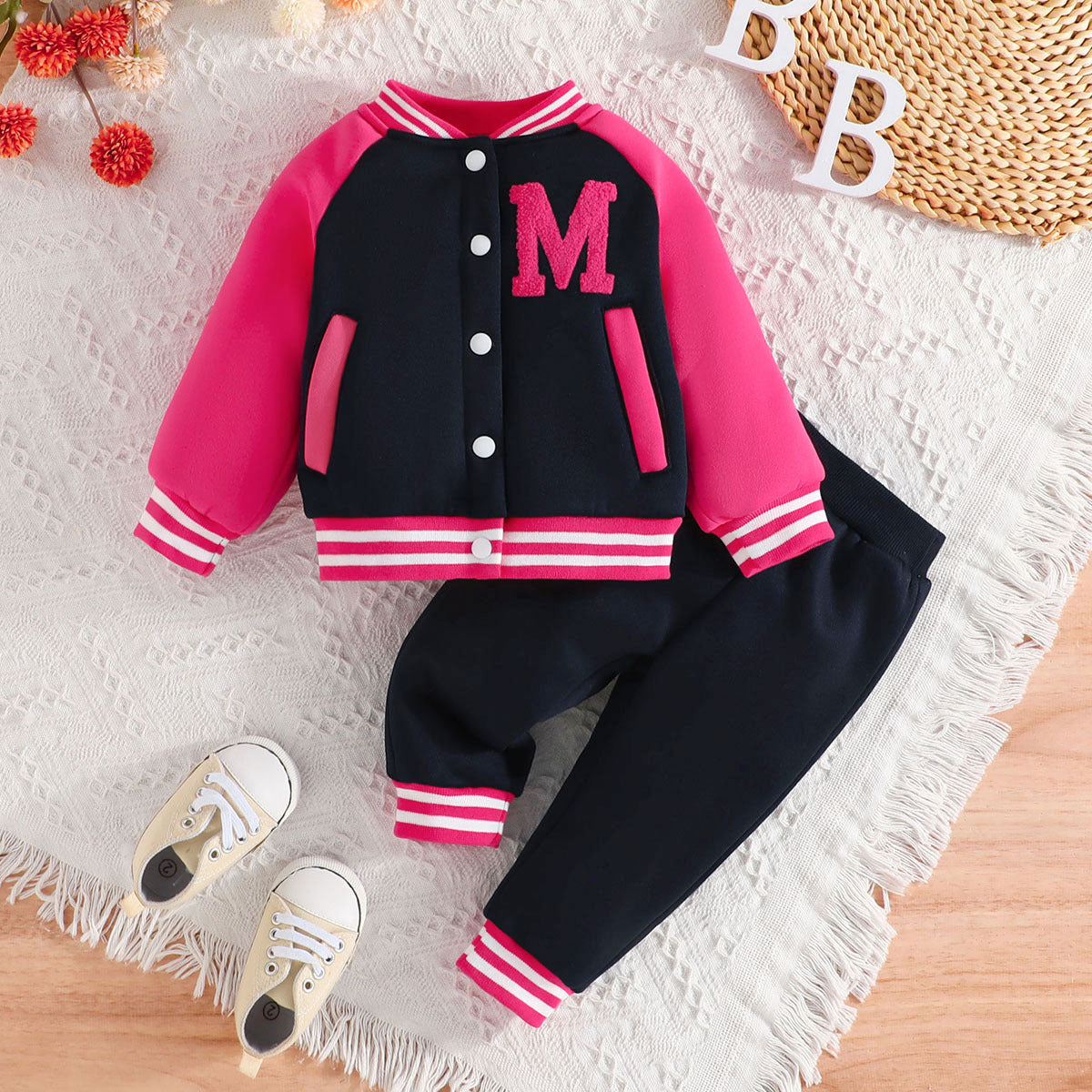 Letter Color Matching Hooded Children's Baseball Uniform Two-piece Set