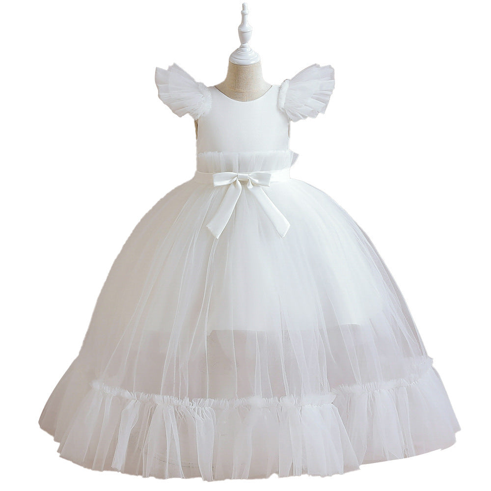 Flounced Sleeve Middle And Big Children's Wedding Dress Bow Pettiskirt