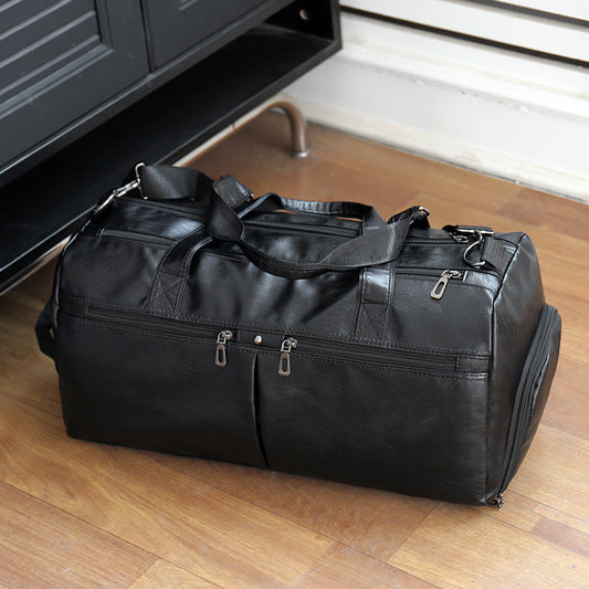 Large Capacity PU Leather Travel Bag Men Black Can Be Hung And Pulled